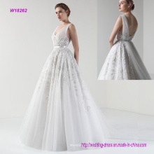 La robe de mariée de luxe à col en V avec perles sexy dos ouvert